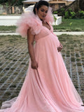 Momnfancy Trailing Tulle Side Slit  Maternity Maxi Dresses