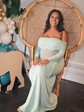 Momnfancy Boat Neck Ruched Sheer Elegant Maternity Maxi Dresses