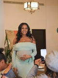 Momnfancy Boat Neck Ruched Sheer Elegant Maternity Maxi Dresses