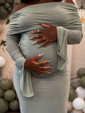 Momnfancy Boat Neck Ruched Sheer Elegant Maternity Maxi Dresses