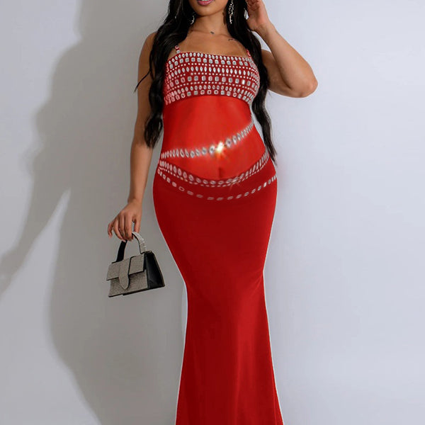 Momnfancy Sparkly Spaghetti Strap Mermaid Maternity Maxi Dresses