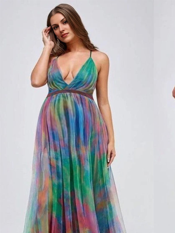 Momnfancy Bleach Band Spaghetti Strap Trailing Maternity Maxi Dresses