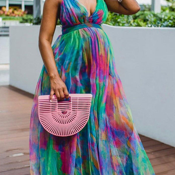 Momnfancy Bleach Band Spaghetti Strap Trailing Maternity Maxi Dresses