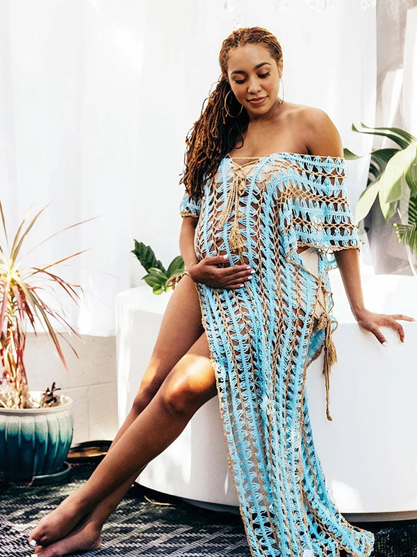 Momnfancy Hit Color V-Neck Cover-ups Photoshoot Maternity Maxi Dress