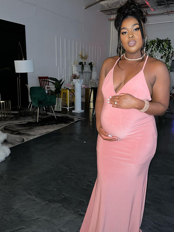 Momnfancy Backless Ruffle Bodycon Party Maternity Maxi Dress