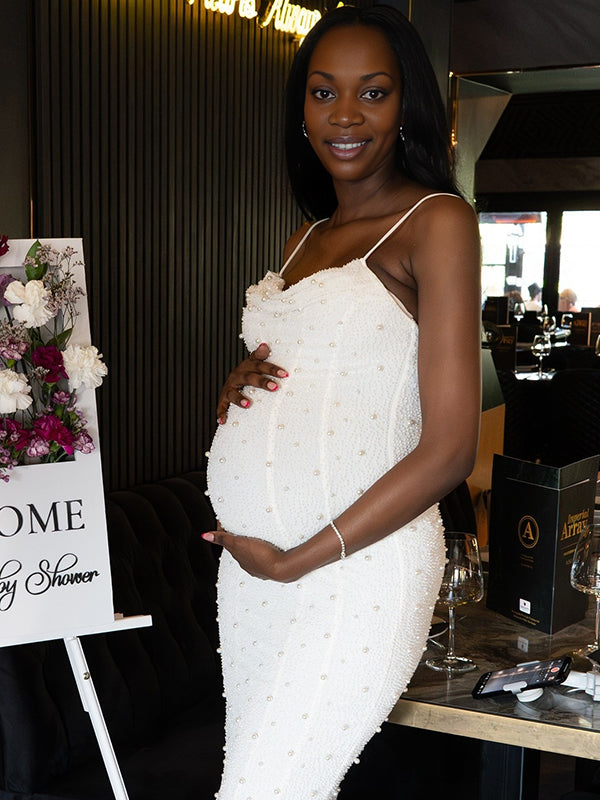 Momnfancy Spaghetti Strap Tube Top Sparkly Maternity Maxi Dresses