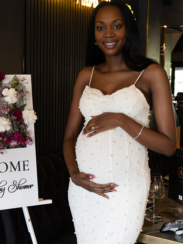 Momnfancy Spaghetti Strap Tube Top Sparkly Maternity Maxi Dresses