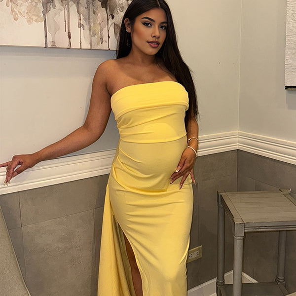 Momnfancy Tube Top Side Slit Ruched Maternity Maxi Dresses