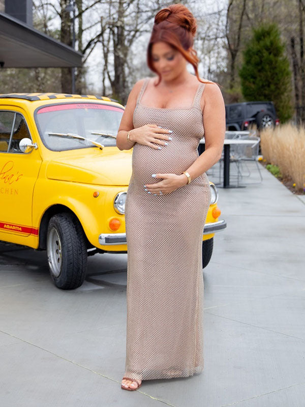 Momnfancy Daimond Mesh Bodycon Party Maternity Maxi Dress