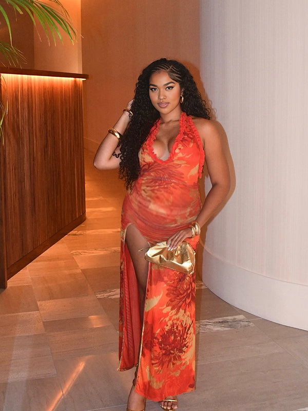 Momnfancy Side Slit Bodycon Tie Dye Maternity Maxi Dresses
