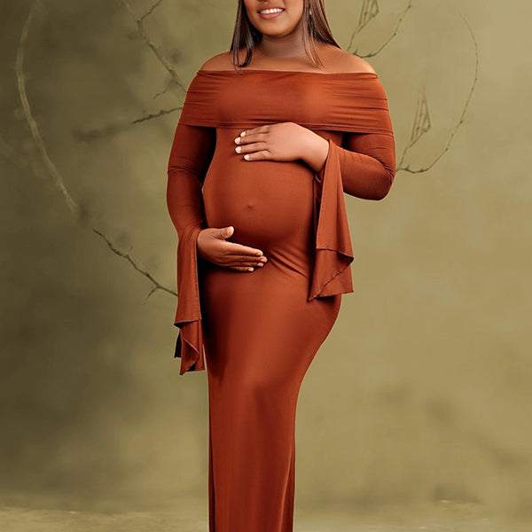 Momnfancy Boat Neck Flare Sleeve Maternity Maxi Dresses
