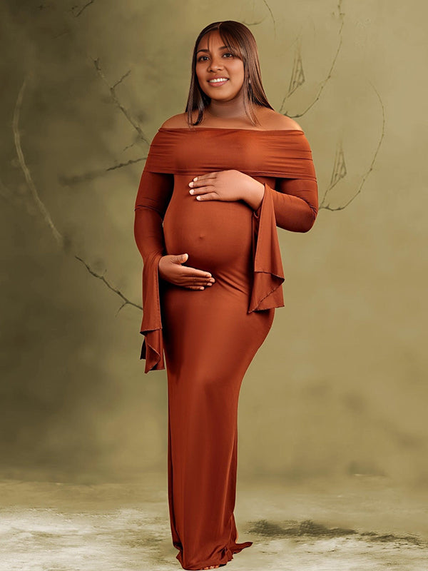 Momnfancy Boat Neck Flare Sleeve Maternity Maxi Dresses