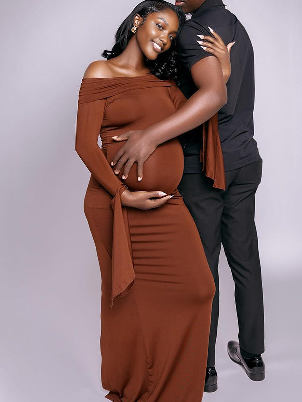 Momnfancy Boat Neck Flare Sleeve Maternity Maxi Dresses