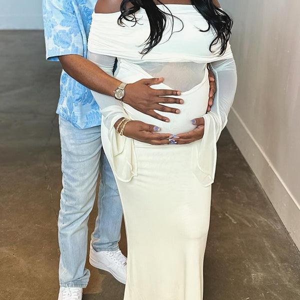 Momnfancy Boat Neck Flare Sleeve Sheer Maternity Maxi Dresses