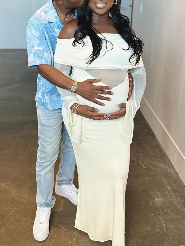 Momnfancy Boat Neck Flare Sleeve Sheer Maternity Maxi Dresses