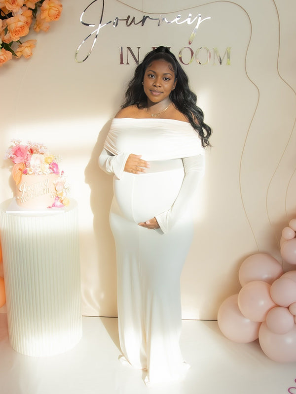Momnfancy Boat Neck Flare Sleeve Sheer Maternity Maxi Dresses