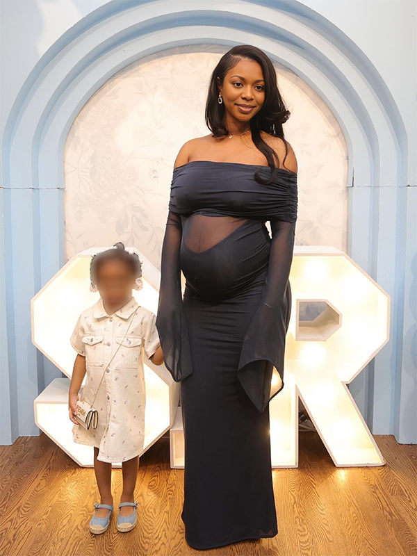 Momnfancy Boat Neck Flare Sleeve Sheer Maternity Maxi Dresses