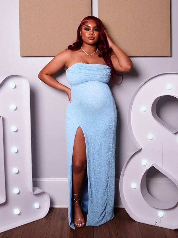 Momnfancy Sequins Bandeau Bodycon Side Slit Baby Shower Maternity Maxi Dress