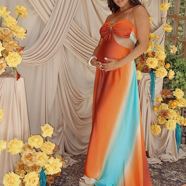 Momnfancy Spaghetti Strap Backless Hit Color Photoshoot Maternity Maxi Dress
