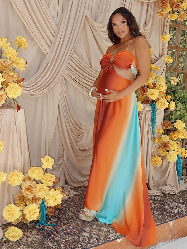 Momnfancy Spaghetti Strap Backless Hit Color Photoshoot Maternity Maxi Dress
