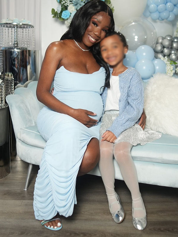 Momnfancy Bandeau Ruched Mesh Bodycon Side Slit Party Baby Shower Maternity Maxi Dress
