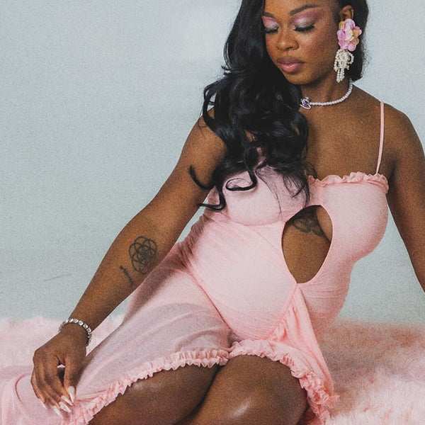 Momnfancy Pink Ruffle Crop Cut Out Irregular Mesh Bodycon Photoshoot Maternity Maxi Dress