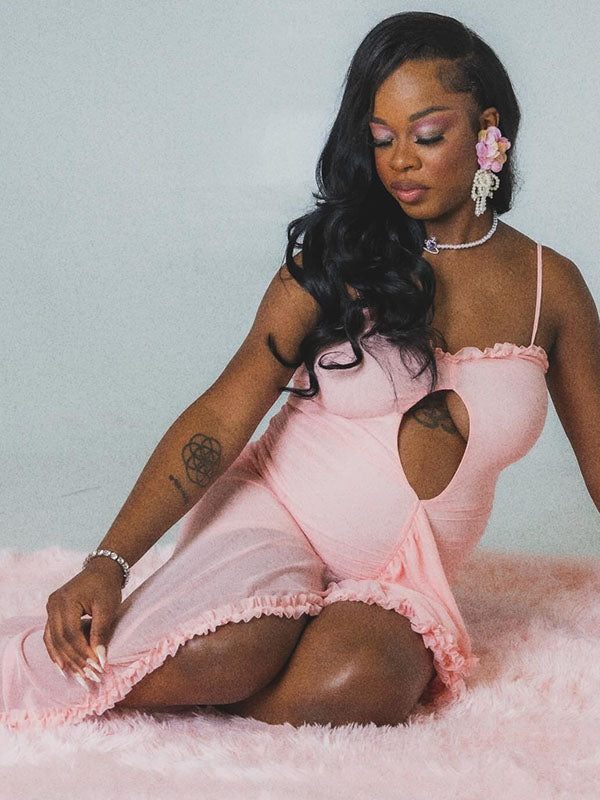 Momnfancy Pink Ruffle Crop Cut Out Irregular Mesh Bodycon Photoshoot Maternity Maxi Dress