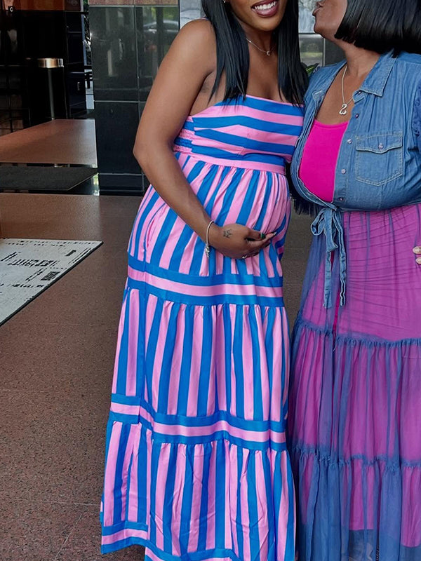 Momnfancy Spaghetti Strap Print Maternity Maxi Dresses