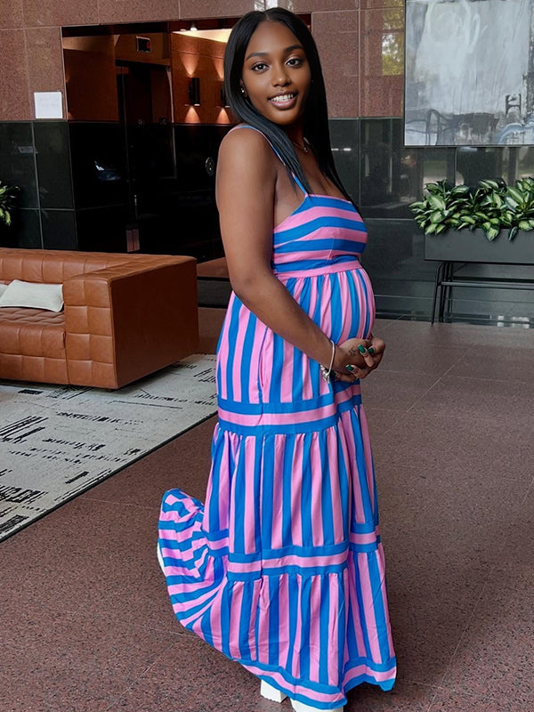 Momnfancy Spaghetti Strap Print Maternity Maxi Dresses