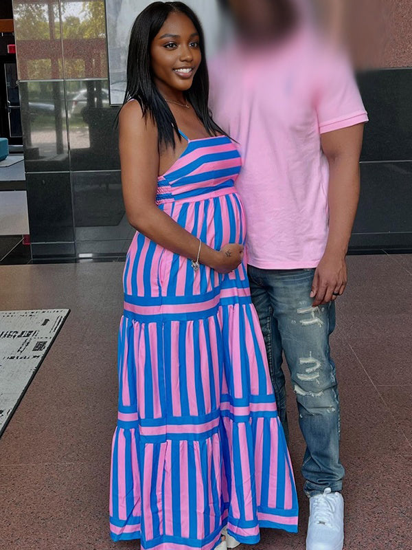 Momnfancy Spaghetti Strap Print Maternity Maxi Dresses