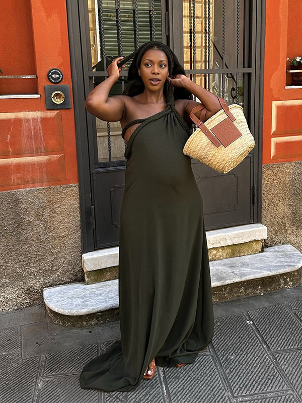 Momnfancy Oblique Shoulder Trailing Maternity Maxi Dresses