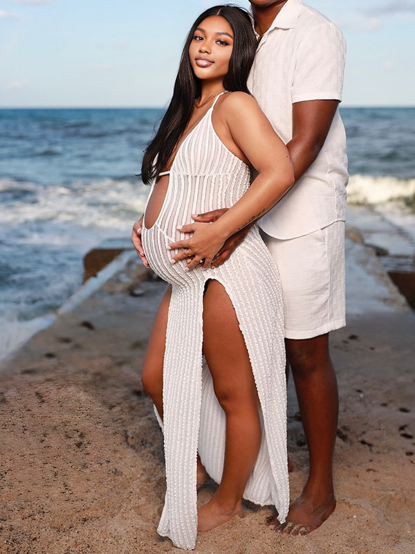 Momnfancy Spaghetti Strap Side Slit Maternity Maxi Dresses