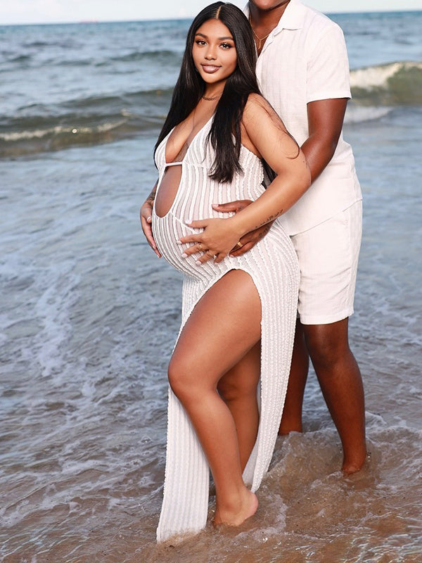 Momnfancy Spaghetti Strap Side Slit Maternity Maxi Dresses