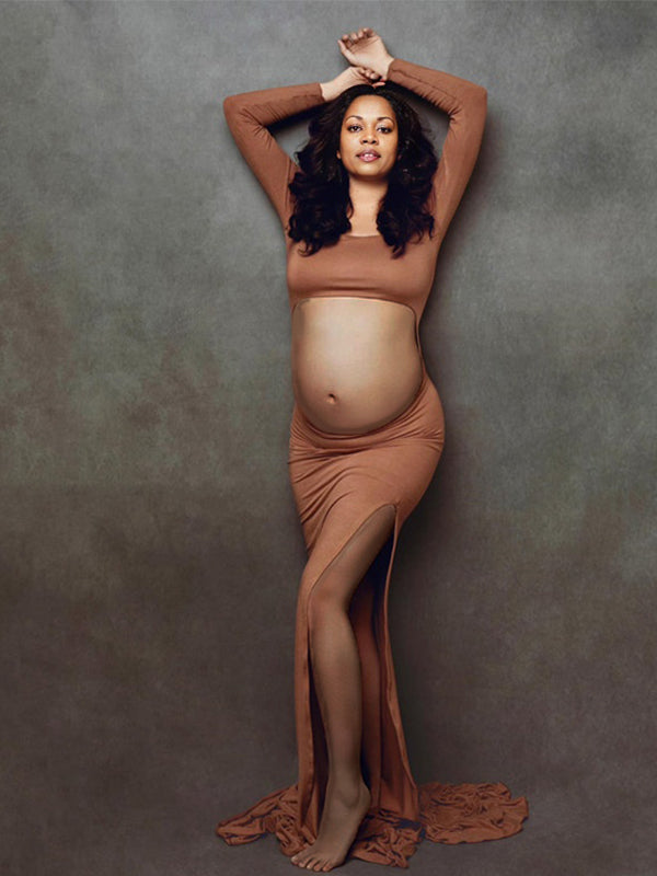 Momnfancy Side Slit Crop Maternity Maxi Dresses