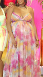 Momnfancy Spaghetti Strap Backless Tie Dye Grenadine Baby Shower Maternity Maxi Dress