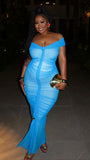Momnfancy Blue Off Shoulder Bodycon Ruched Mesh Party Maternity Maxi Dress