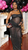 Momnfancy Bright Wire Bandeau Ruched Mesh Sheer Bodycon Party Gown Baby Shower Mermaid Maternity Maxi Dress