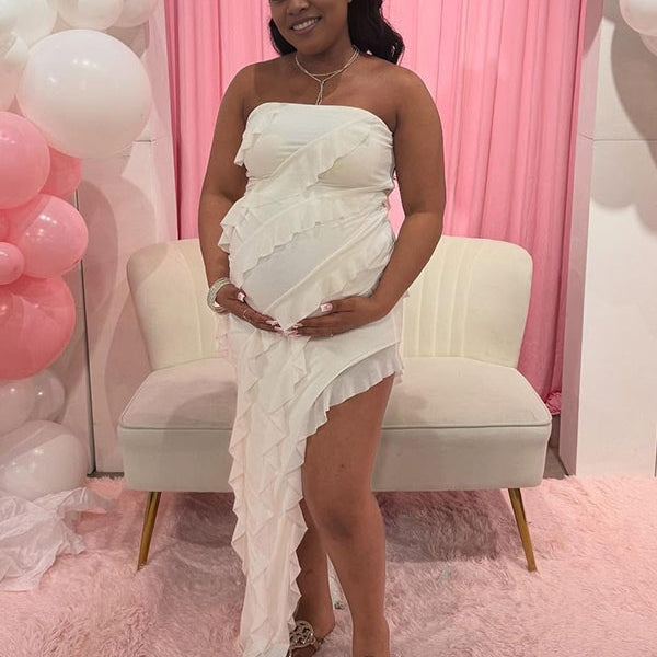 Momnfancy White Bandeau Ruffle Side Slit Baby Shower Maternity Maxi Dress