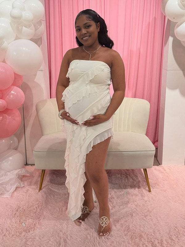 Momnfancy White Bandeau Ruffle Side Slit Baby Shower Maternity Maxi Dress