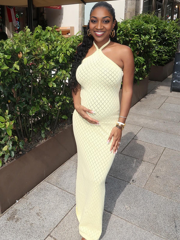 Momnfancy Knitted Halter Neck Maternity Maxi Dresses
