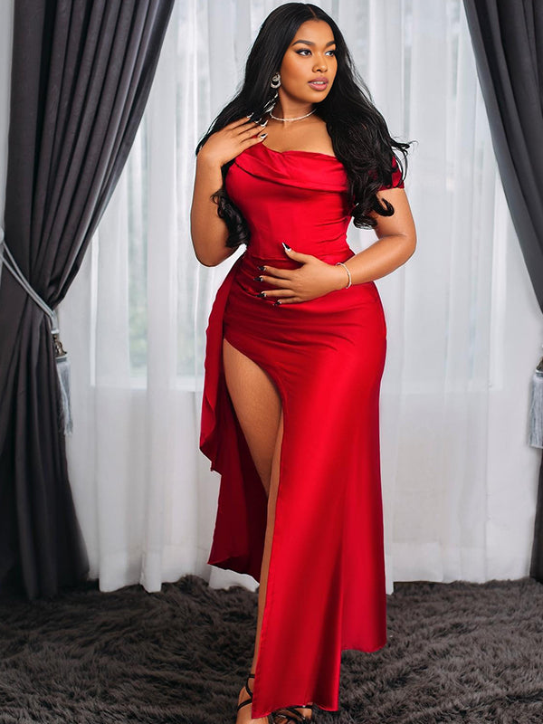 Momnfancy Boat Neck Side Slit Maternity Maxi Dresses