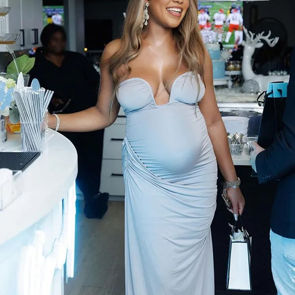 Momnfancy Grey Ruched Irregular Bodycon Bandeau Party Evening Gown Baby Shower Maternity Maxi Dress