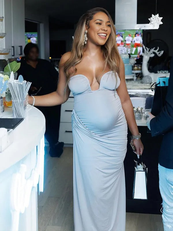 Momnfancy Grey Ruched Irregular Bodycon Bandeau Party Evening Gown Baby Shower Maternity Maxi Dress