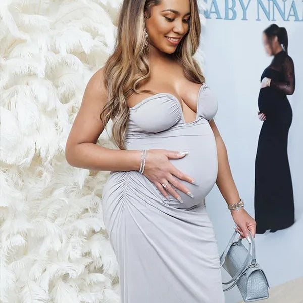 Momnfancy Grey Ruched Irregular Bodycon Bandeau Party Evening Gown Baby Shower Maternity Maxi Dress