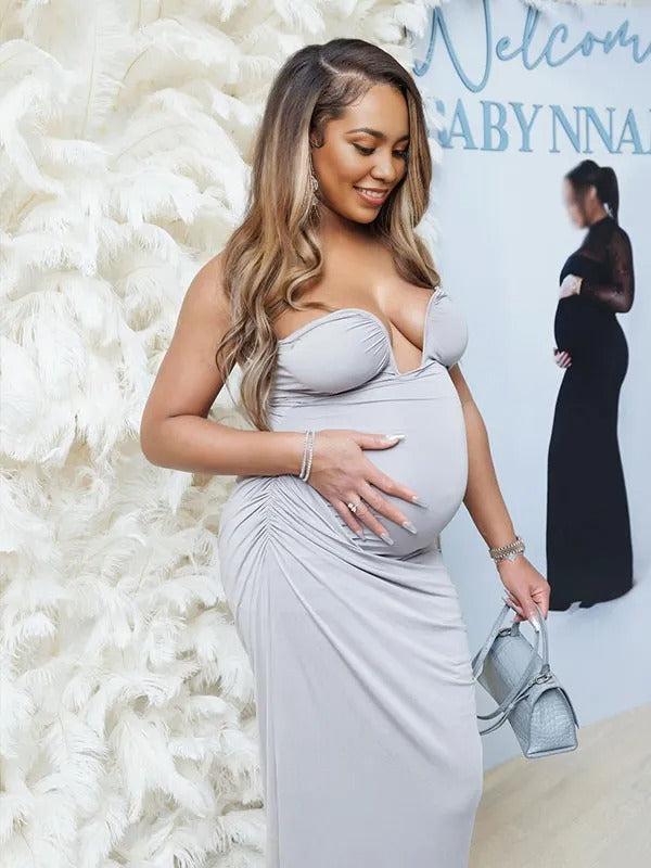Momnfancy Grey Ruched Irregular Bodycon Bandeau Party Evening Gown Baby Shower Maternity Maxi Dress
