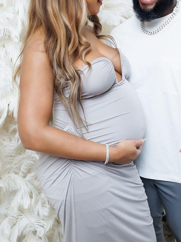 Momnfancy Grey Ruched Irregular Bodycon Bandeau Party Evening Gown Baby Shower Maternity Maxi Dress