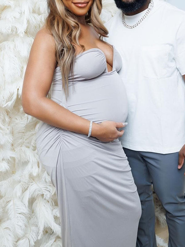 Momnfancy Grey Ruched Irregular Bodycon Bandeau Party Evening Gown Baby Shower Maternity Maxi Dress