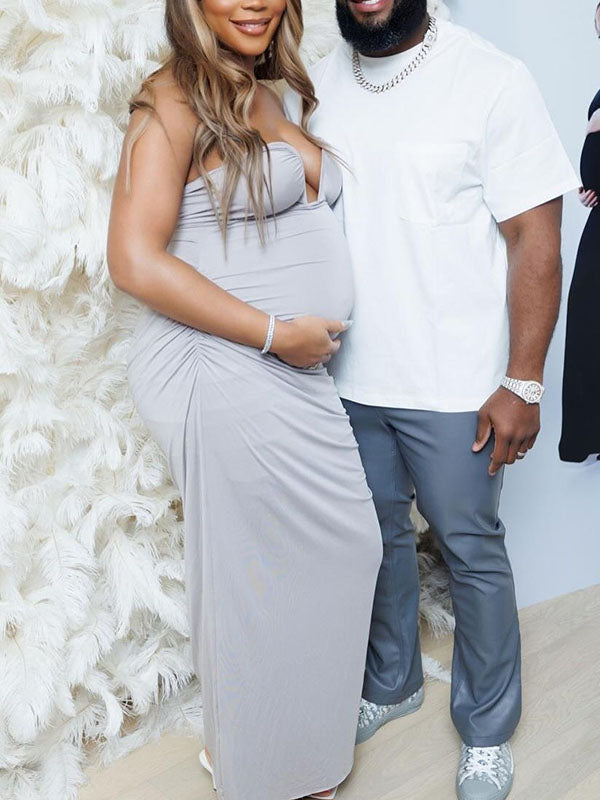 Momnfancy Grey Ruched Irregular Bodycon Bandeau Party Evening Gown Baby Shower Maternity Maxi Dress