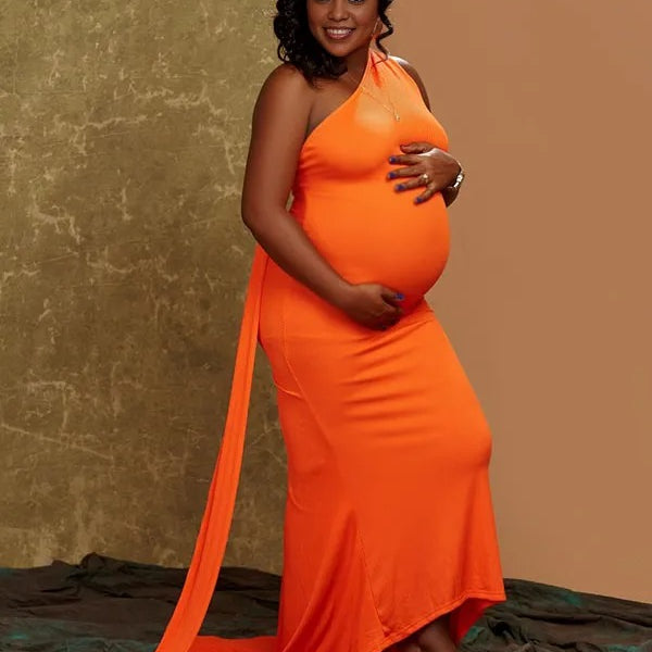 Momnfancy Orange Backless Ruched Draped Bodycon Party Evening Mermaid Gown Maternity Maxi Dress