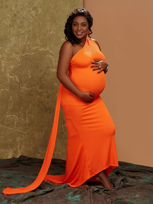 Momnfancy Orange Backless Ruched Draped Bodycon Party Evening Mermaid Gown Maternity Maxi Dress